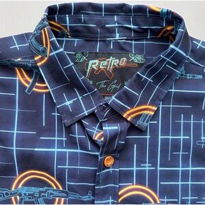 Retro Rifle “The Grid” Men’s Button Up Shirt Blue Gun Grid Pattern Stretchy Sz M